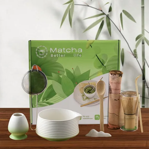 Vista 11 de Juego de 8 batidores de matcha, cuenco de bambú Chasen Matcha con boquilla, tamiz, cuchara, soporte para batidor, alfombrilla de bambú, kit completo