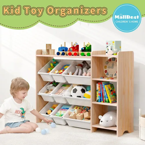 Vista 15 de MallBest Estante organizador de almacenamiento de juguetes para niños de 4 niveles, 100% madera maciza, armario de almacenamiento para niños con 9