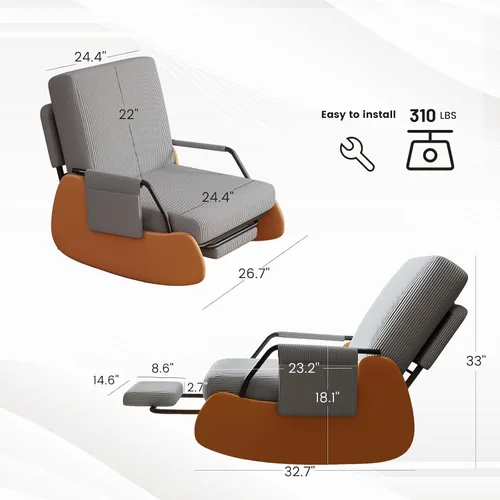 Vista 2 de Moderna mecedora deslizante, silla tapizada para cuarto de bebé, con reposapiés reclinable ajustable y retráctil, cómoda silla de descanso para Gris