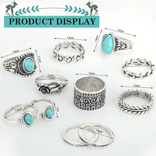 Vista 4 de MTLEE Conjunto de 16 piezas de turquesa bohemia, collar con colgante de turquesa bohemia, aretes colgantes de turquesa, pulsera elástica
