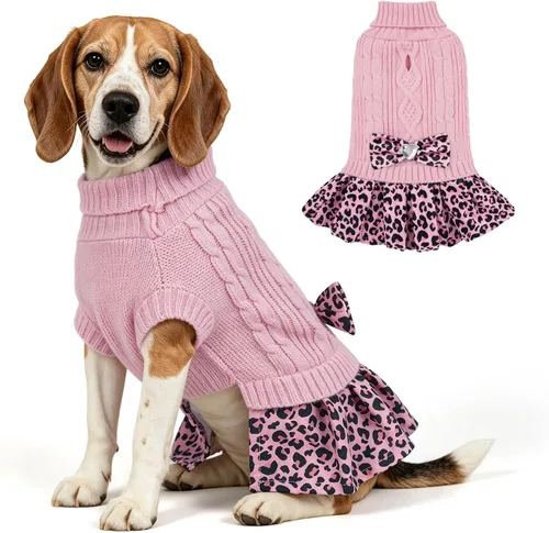 Vista 21 de WOYYHO Vestido de suéter para perro pequeño con corbatín, ropa de perro de Rosa polvoriento