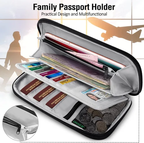 Vista 3 de BKNOOU Soporte para pasaporte familiar con bloqueo Rfid, organizador de documentos de viaje, cartera de pasaporte de viaje, impermeable, soporte