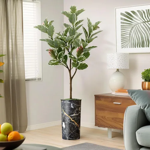 Vista 14 de Árbol artificial en macetero con efecto de granito moderno, palmera tropical areca artificial de seda para decoración del hogar en interiores