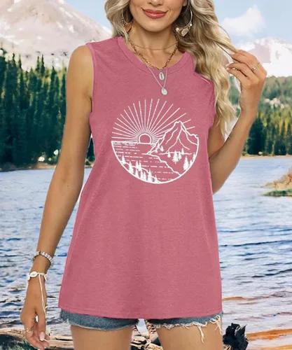 Vista 2 de Camiseta de senderismo para mujer, camiseta de montaña con estampado gráfico de naturaleza y amanecer, camiseta de verano de manga corta