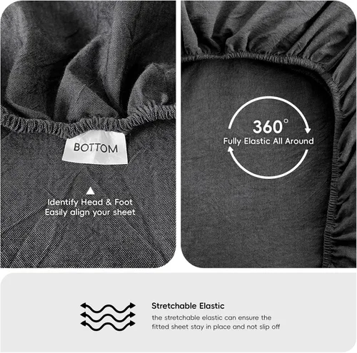 Vista 3 de MooMee Sábana bajera ajustable únicamente, 100% algodón lavado con textura tipo lino, transpirable, duradera, suave, cómoda, bolsillo profundo se