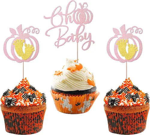 Vista 13 de Rsstarxi Paquete de 24 decoraciones de calabaza con purpurina para cupcakes de primer cumpleaños, decoración de pastel de calabaza para el primer