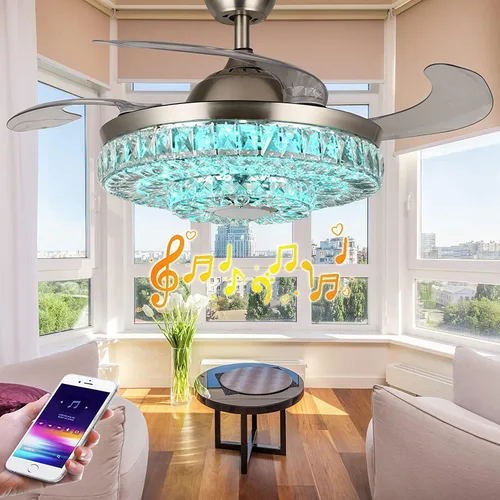 Vista 9 de Ventilador de techo inteligente tipo candelabro de 42 pulgadas con luz, ventilador de techo candelabro retráctil con altavoz Bluetooth y control