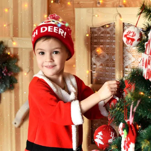 Vista 7 de OurWarm Gorro de Navidad con luces LED, unisex, de punto, para fiestas de Navidad