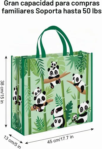 Vista 3 de NymphFable Panda - Bolsas de compras, paquete de 5 bolsas reutilizables