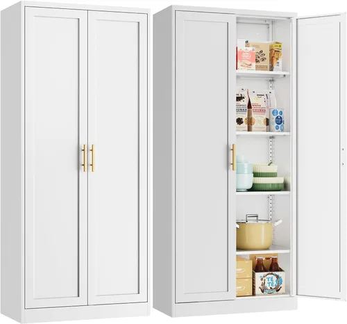 Vista 10 de Gabinete de metal para despensa de cocina, 71 pulgadas de alto x 28 pulgadas de ancho x 14 pulgadas de profundidad con 2 puertas y 4 estantes Negro