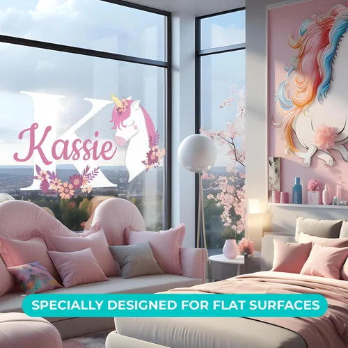 Vista 3 de EGD Nombre personalizado y unicornio inicial con decoración de pared de flores, calcomanías de pared de unicornio I Fancy Font I Decoración de pared