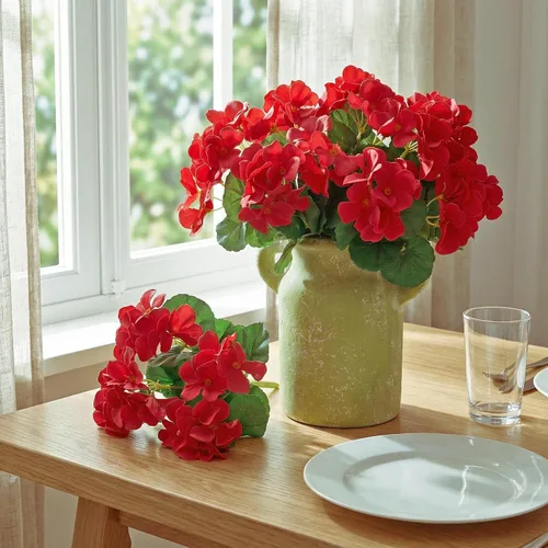 Vista 5 de Htmeing Arbusto de geranio artificial, 6 unidades, plantas artificiales decorativas de seda para exteriores o interiores (rojo)