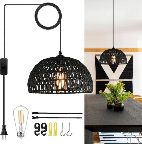 Vista 11 de Ayshwill Dec Lámpara de araña negra tejida estilo boho de ratán y mimbre con cúpula, lámpara colgante para comedor, dormitorio, isla de cocina