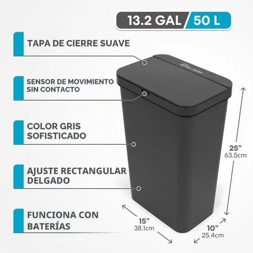Vista 6 de SIMPLI-Magic Cubo de basura rectangular con sensor de cocina de 13.2 galones / 50 litros, cubo de basura automático sin contacto con tapa de cierre