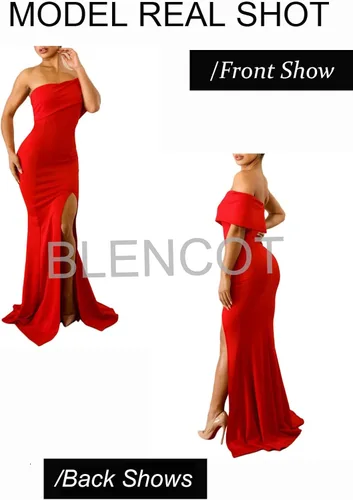 Vista 2 de BLENCOT Vestidos de fiesta con hombros descubiertos para mujer vestido largo de fiesta de una manga con abertura vestido largo de cóctel de noche