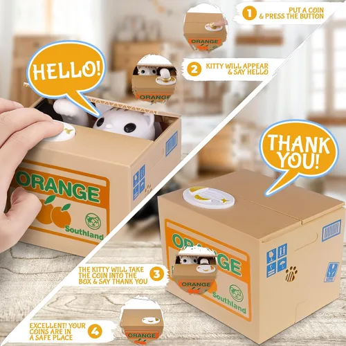 Vista 2 de Novedoso banco de monedas para adultos, caja de ahorro de dinero para gatos blancos, decoración de escritorio de oficina en casa, marrón, naranja