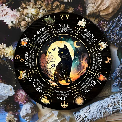 Vista 5 de Rueda del Año - Placa de madera de 30 cm, símbolos paganos de Sabbats, runas de brujas, tabla grabada en madera, vacaciones wiccanas, calendario