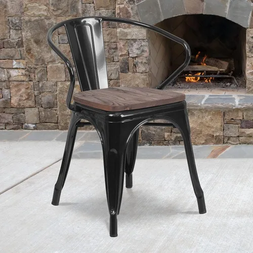 Vista 2 de Flash Furniture Silla de metal negro con asiento y brazos de madera