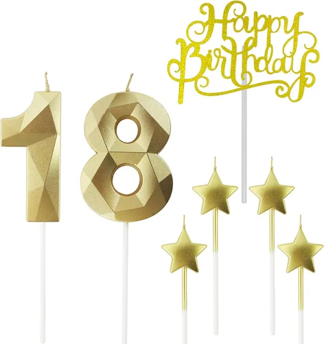 Vista 39 de Velas de cumpleaños doradas con número 20 y velas de estrella de cumpleaños de 7 cm Velas para pastel de cumpleaños en forma de diamante 3D son