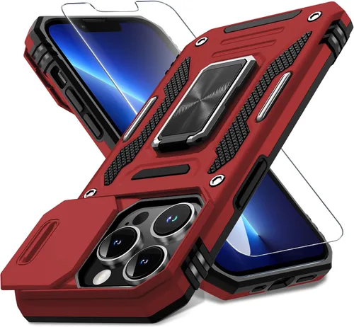 Vista 277 de DEERLAMN Funda para iPhone Xs Max con funda deslizante para cámara + protector de pantalla, soporte giratorio de anillo de grado militar a prueba