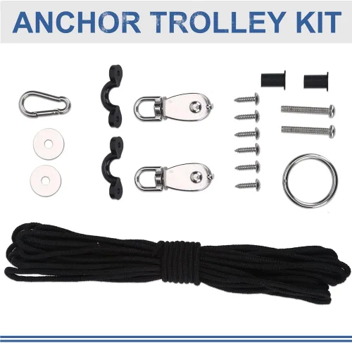 Vista 3 de Dioche Kit de carro de anclaje, sistema de carro de anclaje estable para kayak, canoa, con almohadilla de polea, juego de ganchos de ojo, accesorios