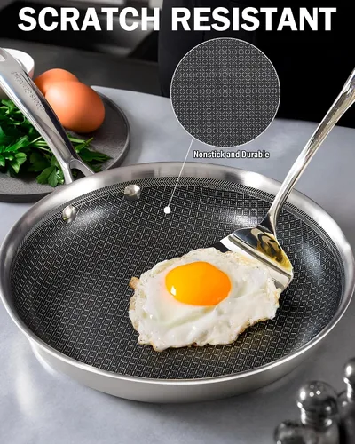 Vista 4 de Cooks Standard Sartén antiadherente híbrida de 8 pulgadas con revestimiento de varias capas, sartén de acero inoxidable con tapas de vidrio