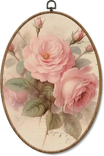 Vista 17 de Yorhifa Grandmillennial - Arte de pared enmarcado con lazo rosa coqueta, arte de pared redondo de chinoiserie azul y blanco, decoración de paredes