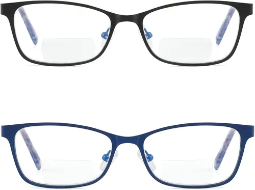 Vista 2 de Gafas de lectura bifocales para mujer, bloqueo de luz azul con parte superior transparente, lector de computadora, marco de metal ancho, elegantes