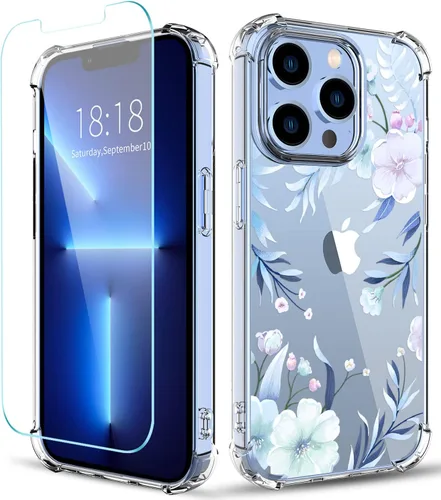 Vista 9 de Funda con diseño de patrón de flores para iPhone 13 Pro Max [con protector de pantalla], funda transparente floral para teléfono de mujer a prueba