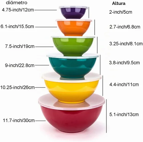 Vista 5 de Cuencos para mezclar de melamina con tapas, 6 cuencos de melamina y 6 tapas de plástico, multicolor
