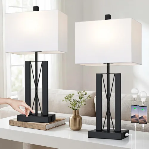 Vista 13 de Lolikit Lámparas de mesa con control táctil de 23.5 pulgadas, lámpara de noche de metal para dormitorio, juego de 2 con puertos USB A+C y salida