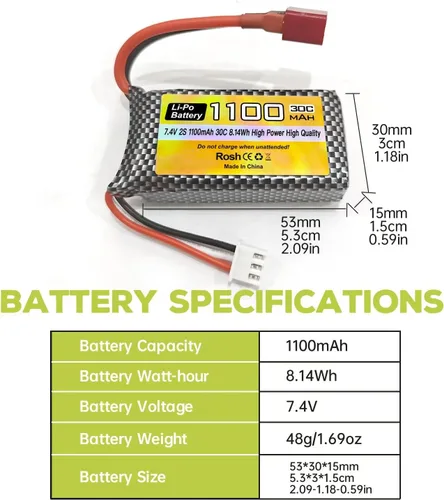 Vista 3 de sea jump Batería Lipo de 7.4 V 1100 mAh 2S con enchufe en T y 1 remolque 2 cargador adecuado para Haiboxing 18858 18859 18859A 16890A y XLH Q903