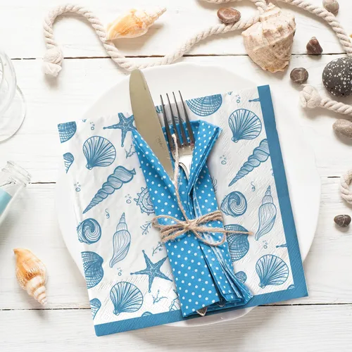 Vista 4 de AnyDesign Paquete de 100 servilletas de almuerzo de concha de mar, conchas de océano azul, conchas de playa, servilletas de papel desechables