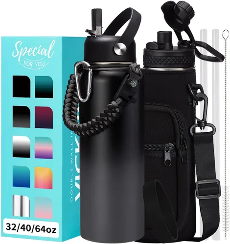 Vista 36 de Botellas de agua de 32 onzas aisladas con pajita y tapa para beber de un sorbo, asa de paracord, bolsa de transporte con correa, termo de triple