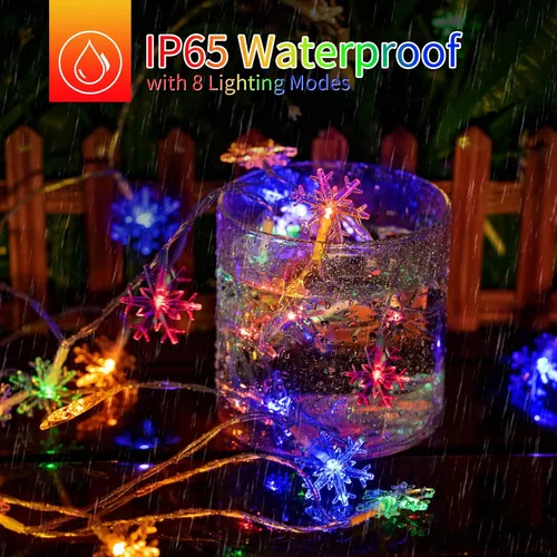 Vista 3 de Tira de luces con diseño de copo de nieve, con 50 ledes, 24.6pies, impermeable, para exteriores, con 8 modos de iluminación para bodas, fiestas