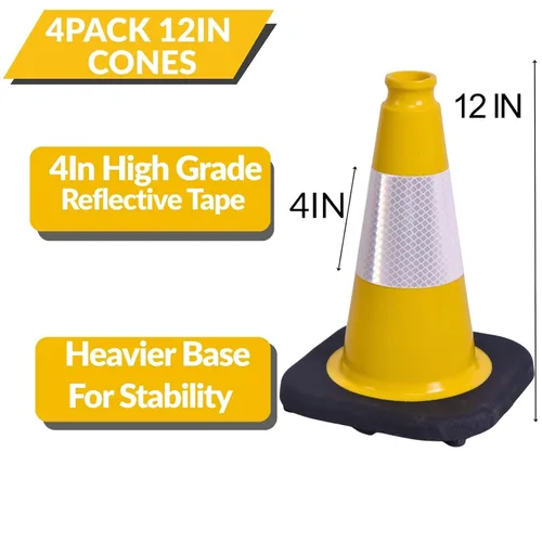 Vista 2 de BESEA Paquete de 4 conos de tráfico amarillos de 12 pulgadas con collar reflectante de 4 pulgadas, conos de seguridad de PVC resistentes con base