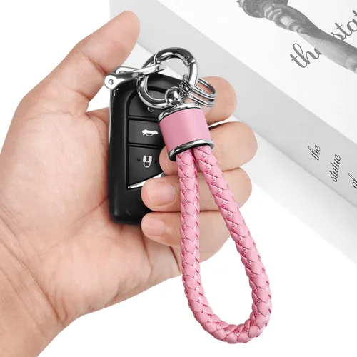 Vista 2 de Tukellen Llavero de tejido de cuero para automóvil, llavero de regalo para mujer, con anillo en D giratorio de 360 grados y destornillador