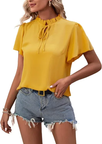 Vista 3 de LYANER Blusa de manga corta con volantes y cuello alto falso para mujer