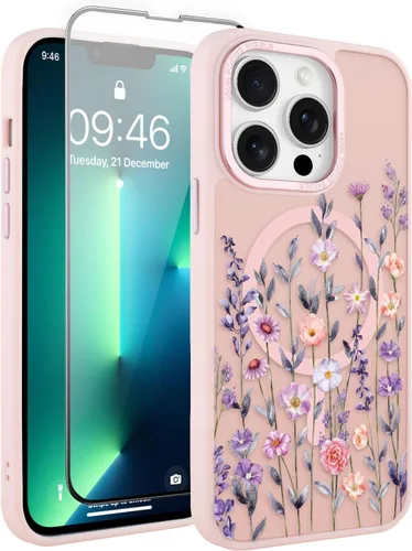 Vista 110 de Funda magnética para iPhone 13 con protector de pantalla [compatible con MagSafe], diseño de patrón floral de flores, a prueba de golpes, para Marrón