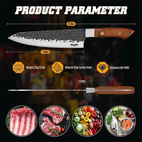 Vista 4 de Huusk Cuchillo de chef japonés de 8 pulgadas, cuchillos de cocina forjados a mano con mango ergonómico de espiga completa, cuchillo de cocina