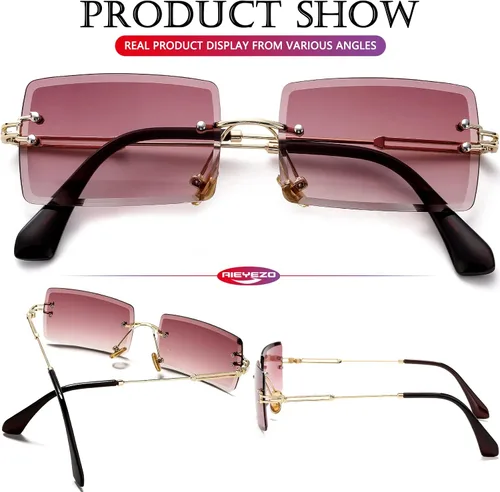 Vista 6 de AIEYEZO Gafas de sol rectangulares sin montura para mujeres y hombres, a la moda, vintage, sin marco, lentes gruesas, lentes de protección UV
