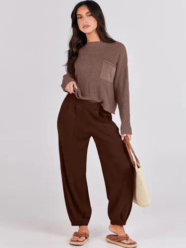 Vista 2 de Prinbara Conjunto de 2 piezas para mujer, suéter de punto para otoño, pantalones de gran tamaño, conjunto casual de descanso