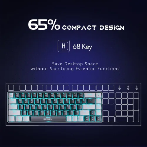 Vista 4 de abucow Teclado mecánico 65% para juegos, teclado compacto con cable con interruptor azul con retroiluminación azul, teclas intercambiables grises
