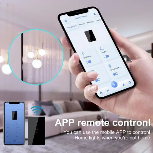 Vista 3 de Interruptor de luz de pared inteligente WiFi, estándar estadounidense, control de voz, panel de vidrio templado, interruptores táctiles Wi-Fi de 2.4