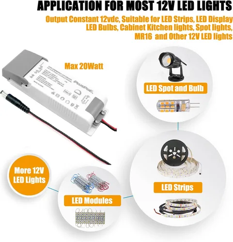 Vista 3 de Transformador regulable de 20 W, fuente de alimentación LED magnética PLUSPOE de 12 V para iluminación LED constante de 12 V