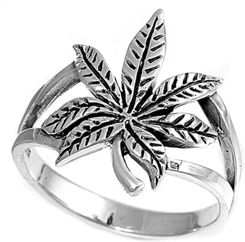 Vista 2 de Plata de ley Cannabis Sativa marihuana Anillo al por mayor de banda 17mm tamaños 413