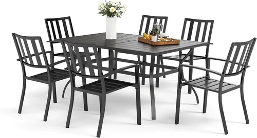 Vista 8 de MFSTUDIO Juego de comedor de patio de 7 piezas, mesa rectangular de 60 Patrón de rayas a