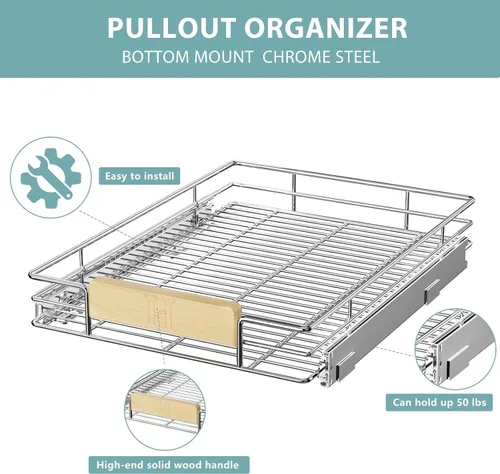 Vista 9 de LOVMOR Organizador de gabinete extraíble con mango de madera, 16½ pulgadas de ancho x 21½ pulgadas, organizador deslizante para cocina, despensa
