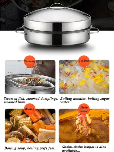 Vista 7 de Vaporizador de pescado de acero inoxidable – Utensilios de cocina ovalados resistentes con estante y tapa, olla para cocinar pescado al vapor, sopa