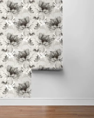 Vista 7 de NextWall Harry & Grace - Papel tapiz floral para despegar y pegar (ceniza y plata metálica)